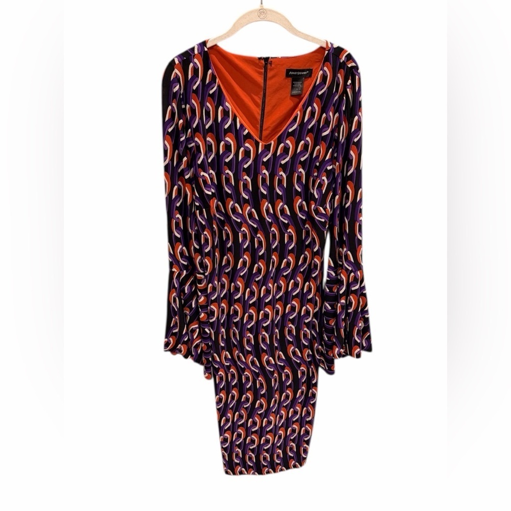 Ashley Stewart Geometric Pink Orange Dress Flare Sleeve Women's Size 12
